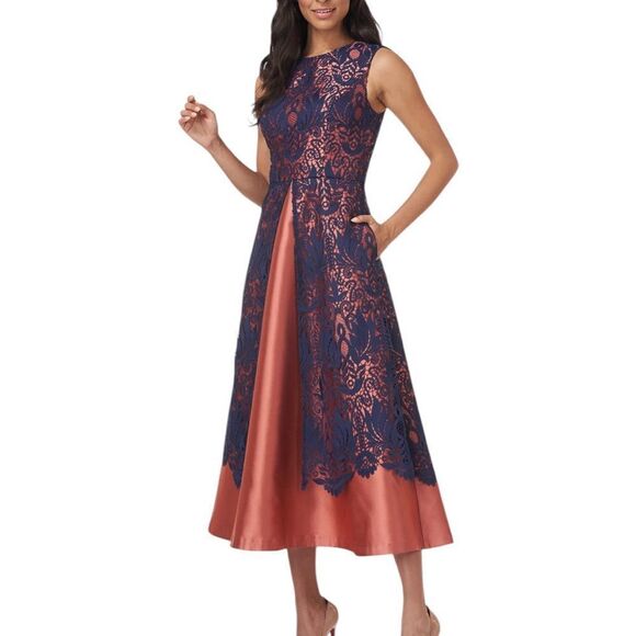 Kay Unger Claudia Navy Floral Lace Walk Thru Cocktail Dress | Size 4 - Picture 1 of 13
